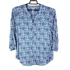 Womens Graal & Greene Top Blouse Blue & White Print V Neck Button Down Size L